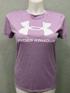 Under Armour HeatGear Purple Logo Tee Shirt Women’s Medium Graphic Athletic Top